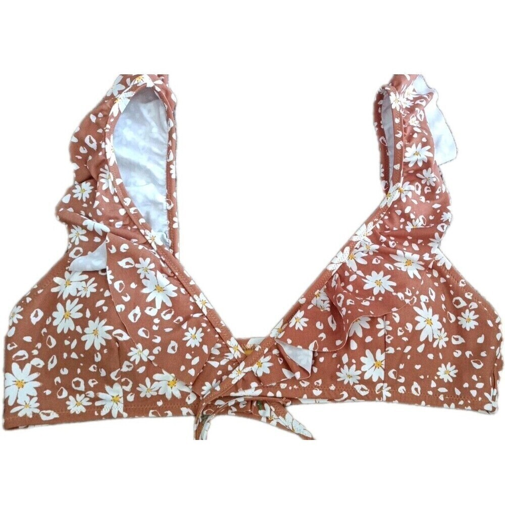 Aerie Ruffle Wrap Bikini Top Size Large Brown Yellow Daisy Print Padded New